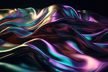 Iridescent chrome wavy gradient cloth fabric abstract background, ultraviolet holographic foil texture, liquid surface, ripples, metallic reflection. Generative AI