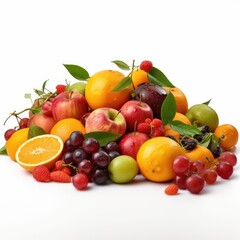 Naklejka na ściany i meble Heap of different fruits and berries isolated on white background. The concept of a healthy lifestyle. AI generated