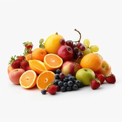 Fototapeta na wymiar Heap of different fruits and berries isolated on white background. The concept of a healthy lifestyle. AI generated