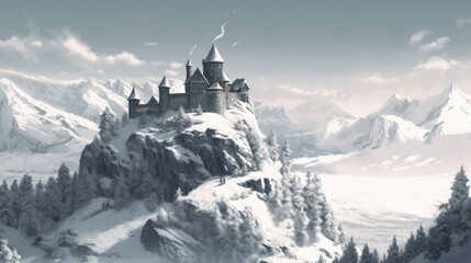 Castle on Snow-Covered Mountain Landscape (Generative AI)