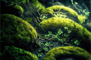 Beautiful green moss texture. Green abstract background. Generative illustration