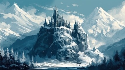 Castle on Snow-Covered Mountain Landscape (Generative AI)