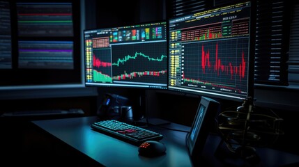 Naklejka premium Color trader of stock exchanges on monitors. Data Analytics. AI generated