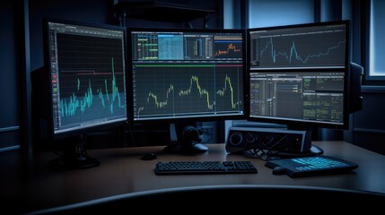 Fototapeta premium An office with monitors depicting color traders of the exchange. Data Analytics. AI generated