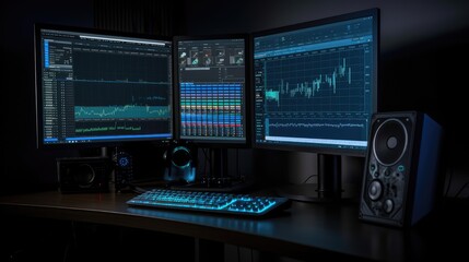 Fototapeta premium An office with monitors depicting color traders of the exchange. Data Analytics. AI generated
