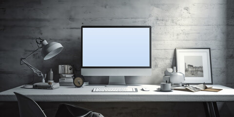 Fototapeta premium Computer on the desktop, light background. Office interior. AI generated