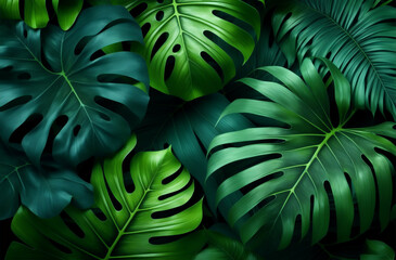 Green tropical leaves background, natural theme backdrop, generative AI digital art.