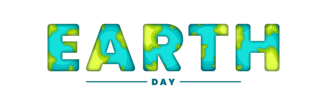 Earth day paper cut letters with world map banner vector design