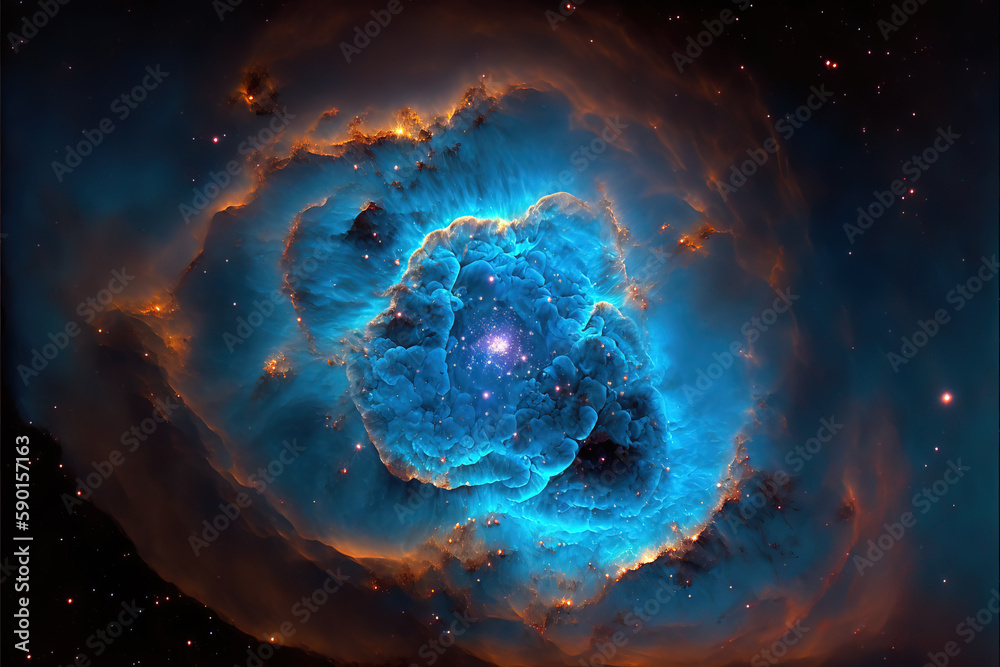 Wall mural glowing blue nebula with stars. fantasy galaxy generative ai background