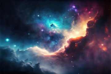 Obraz na płótnie Canvas Colorful nebula with stars. Fantasy galaxy generative AI background