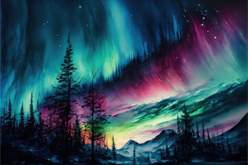 Obraz na płótnie Canvas Multicolored northern lights. Aurora borealis. AI Generative illustration