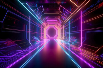 Electric Dreams: Walk Through a Mesmerizing Blue Neon-Lit Corridor, the Ultimate Modern Background for Your Next Project created with Generative AI technology