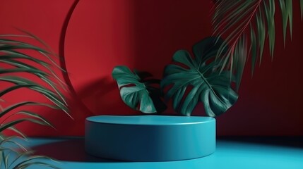 Minimal round podium for the demonstration of products with tropical leaves on a red background. AI generated