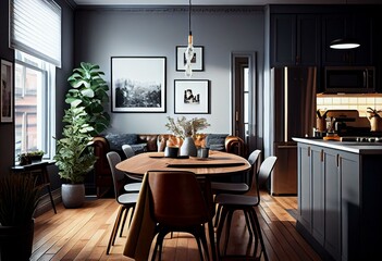 High-end dining room and kitchen in a small living space. Generative AI