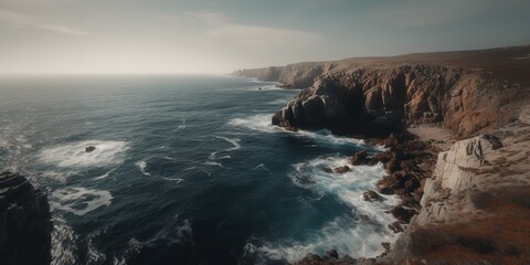 Fototapeta premium Rocks by the sea. Coastline landscape and seascape with dramatic cliffs. Beauty of nature concept background. Breathtaking summer seascape. Background. Generative AI