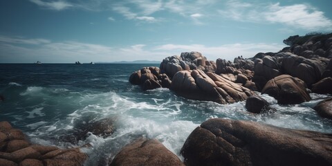 Obraz premium Rocks by the sea. Coastline landscape and seascape with dramatic cliffs. Beauty of nature concept background. Breathtaking summer seascape. Background. Generative AI