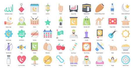 Ramadan Flat Icons Muslim Fasting Icon Set in Color Style 50 Vector Icons in Black