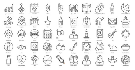 Fototapeta na wymiar Ramadan Thin Line Icons Muslim Fasting Icon Set in Outline Style 50 Vector Icons in Black