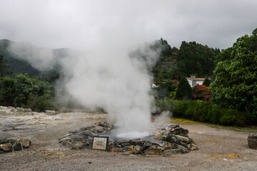 Hot thermal springs in Furnas village, Sao Miguel island, Azores, Portugal. Caldeira Grande