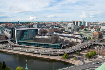 Stockholm, Sweden - Panorama of modern buildings in the city center. Bridges and highways on the...