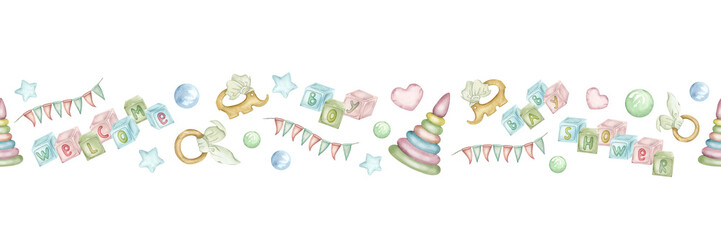 Seamless border, border, frame, hand drawn lettering cubes, baby wooden teethers, eco accessories, rattles, bubbles and balloons, stars and hearts. Drawing for a newborn or birthday, postcard