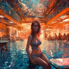 woman at futuristic swim bar, generative ai, ai, generative
