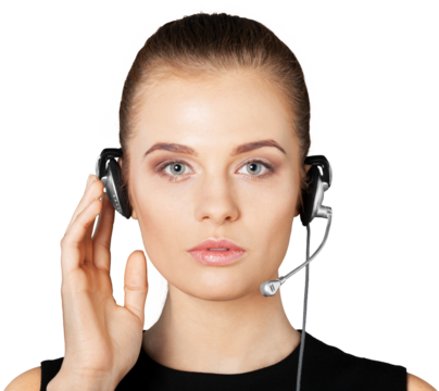 Close-up view of young woman face with headphones, call center or support concept