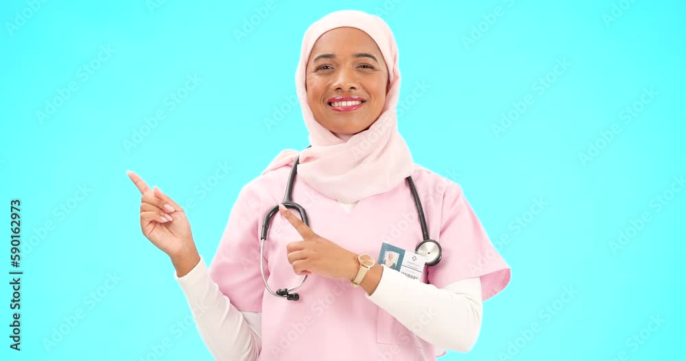 Canvas Prints Woman doctor pointing to mockup isolated on blue background for healthcare presentation or product placement space. Happy face of nurse or medical muslim person show advertising mock up in studio