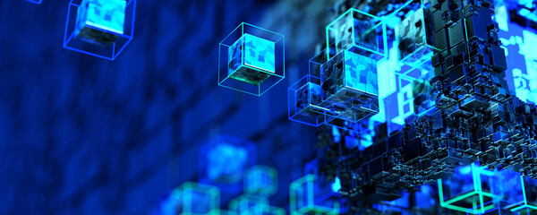 Naklejka premium Blockchain technology. Machine learning. Data background. Big data. Database. Abstract background from blocks. 3D rendering.