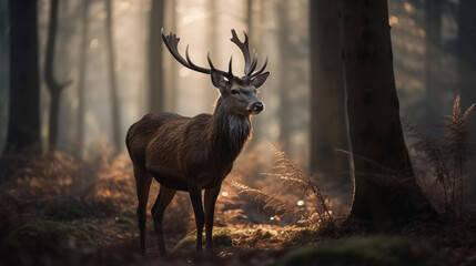 Deer in the forest surrounded by trees, with light behind him. Generated by AI.

