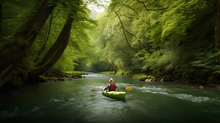 fisherman in a kayak in a swiss forest river - obrazy, fototapety, plakaty