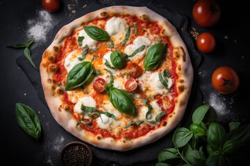 Pizza Margherita on black stone background, top view. Pizza Margarita with Tomatoes, Basil, and Mozzarella Cheese close up. Generative AI