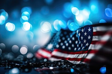 United States Flag Border Over Blue and Black Bokeh Lights Background, photo realistic cinematic lighting. Generative AI