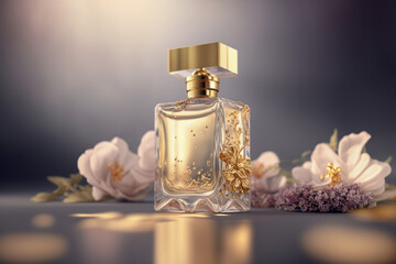 Glass bottle of women's perfume on the table. Super photo realistic background. Generative ai illustration