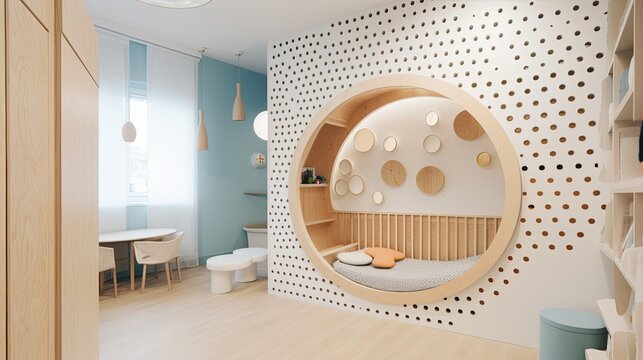Bauhaus nursery interior design with a modern twist and round crib in the wall, generative ai 3d baby room idea
