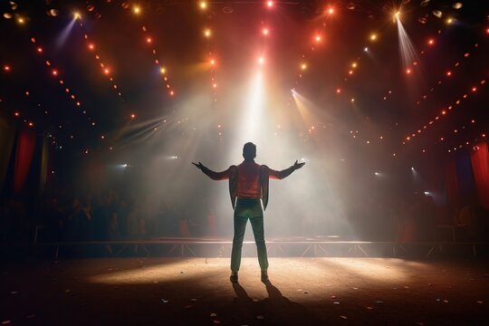 Fictional clown on stage under spotlights made with generative AI