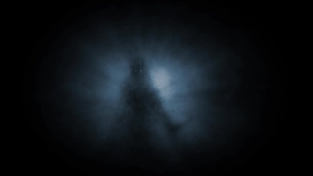 Gloomy maniac silhouette with long knife in rays of dim light. Dark spirit of terror ready to hunt. Evil ghost in creepy fog. Horror fantasy 2D animation. Spooky video clip. Blue and black background.