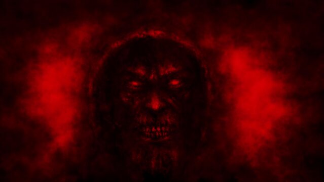 Evil hooded sorcerer bares his teeth. Scary 2D animation. Gloomy man smiling. Horror video clip for Halloween. Mystical worlds of dreams. Dark fantasy movie. Music clips and VJ loops. Red and black. 