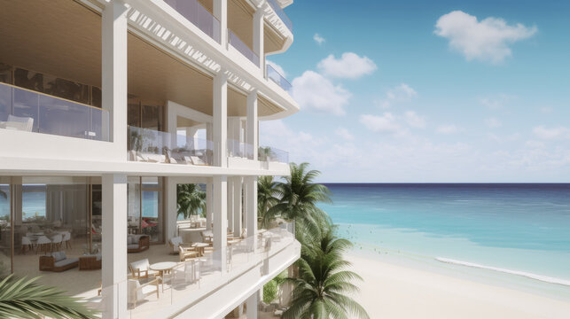 Hotel on the beach in barbados in modern style, generative ai