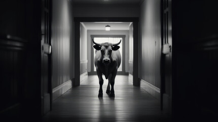 A bull walking down in a corridor, generative ai