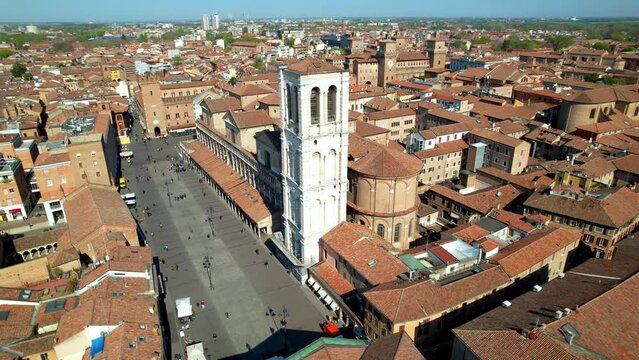 Landmarks of Italy - beautiful medieval town Ferrara in Emilia Romagna. aerial drone overflight of historic center with view of castle and duomo