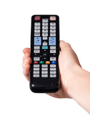 Hand with remote control on background