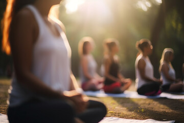 Picture of a group of people practicing yoga, World health day, bokeh Generative AI