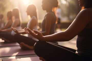 Picture of a group of people practicing yoga, World health day, bokeh Generative AI