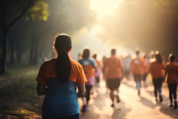 Picture of a group of people participating in a charity walk or run, World health day, bokeh Generative AI