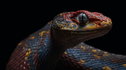 Fototapeta premium Red and blue snake portrait in dark, generative ai