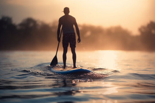 Picture of a person doing a water sport, such as surfing or paddleboarding, World health day, bokeh Generative AI