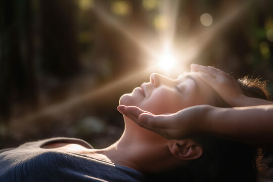 Picture of a person receiving a reiki treatment, World health day, bokeh Generative AI