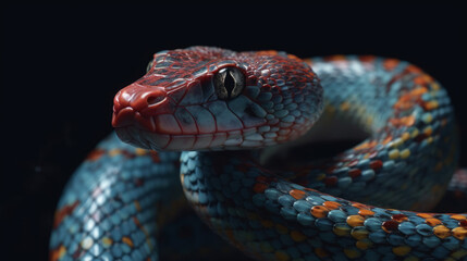 Obraz premium Red and blue snake portrait in dark, generative ai