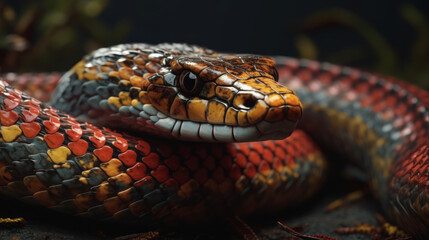 Obraz premium Red and blue snake portrait in dark, generative ai